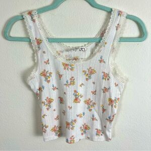 Hippie Rose White Floral Crop Tank Top- Size Small